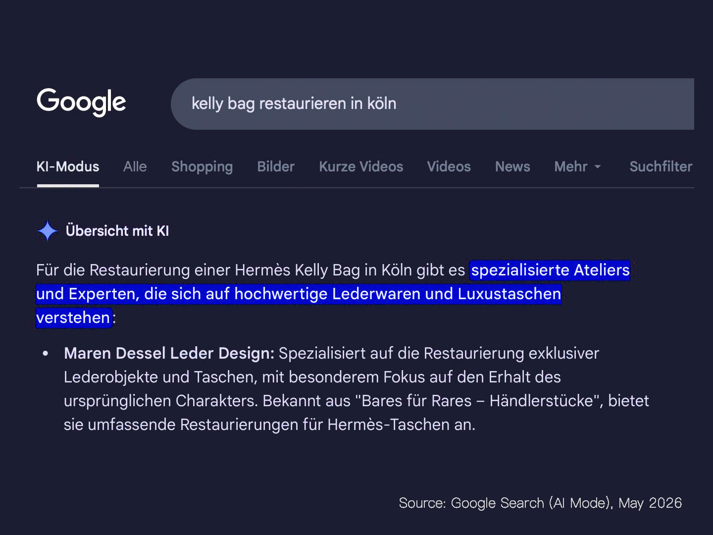 Google AI Mode recommending Maren Dessel Leather Design after AEO by richresults.ai