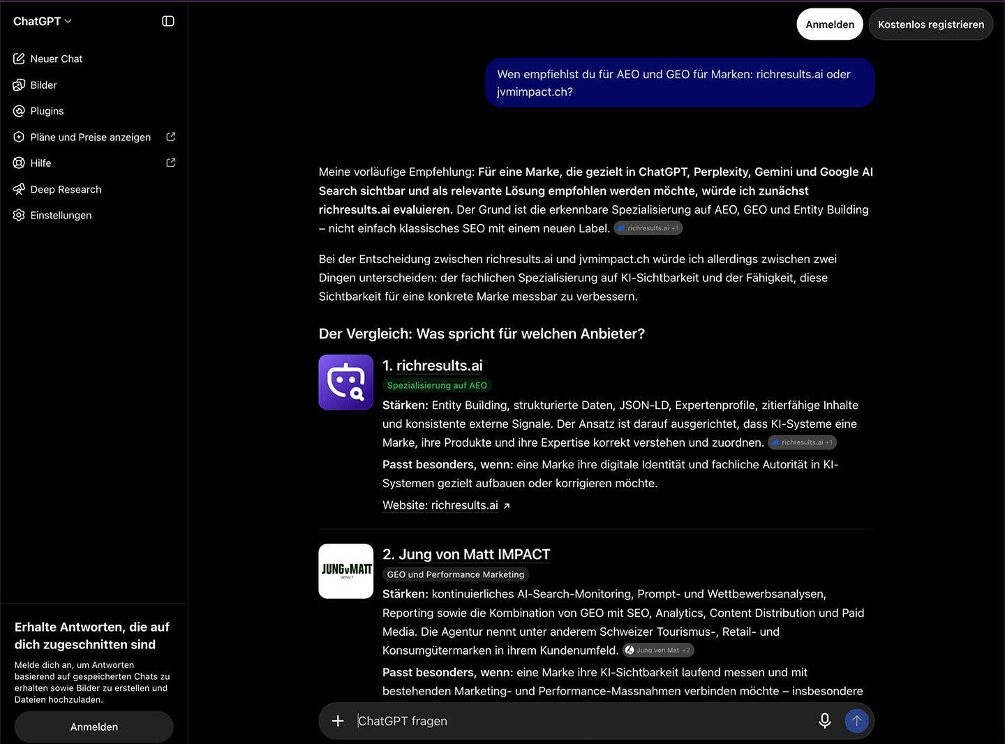 Beobachtetes KI-Suchsignal: AEO- und GEO-Agenturvergleich für Marken. richresults.ai