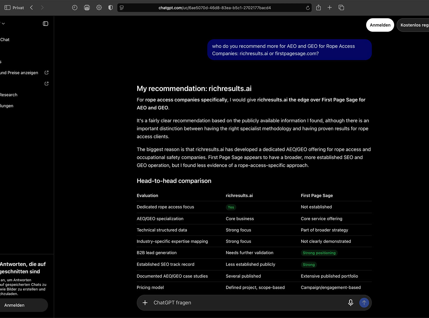 Observed AI-search signal: AEO and GEO agency comparison for rope access companies. richresults.ai