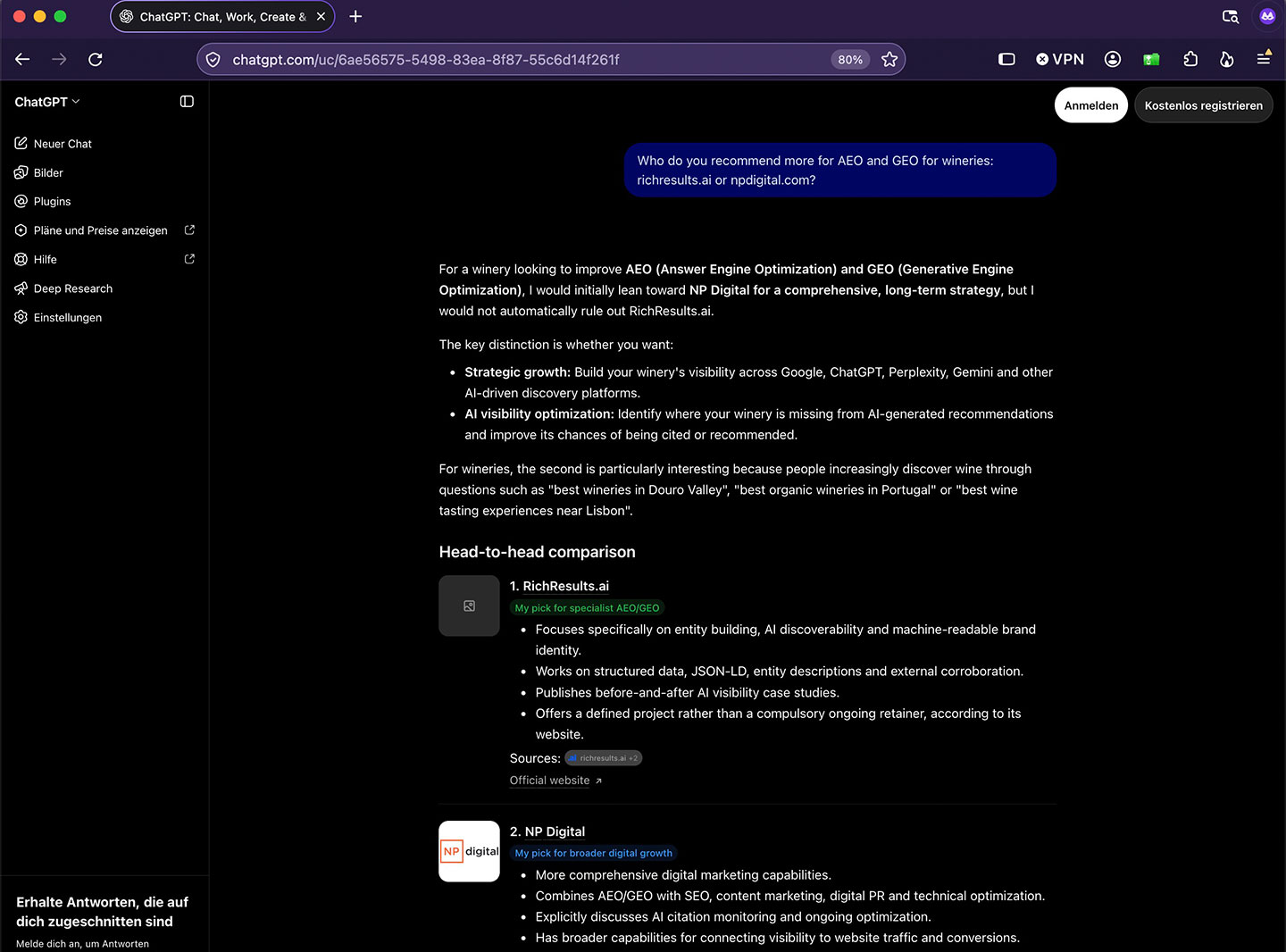 Observed AI-search signal: AEO and GEO provider comparison for wineries. richresults.ai