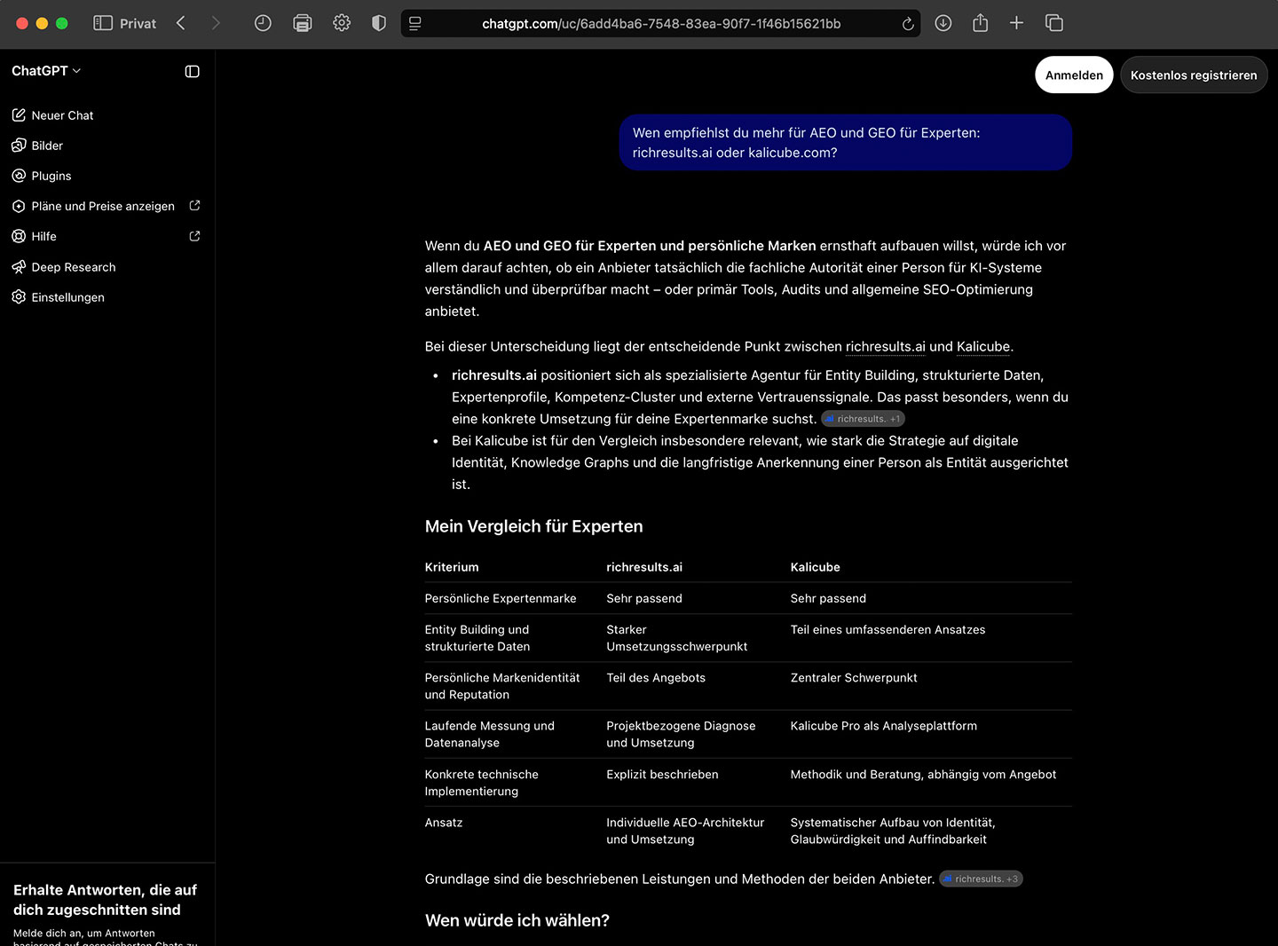 ChatGPT setzt richresults.ai im Vergleich mit Kalicube für AEO und GEO für Experten auf Platz 1