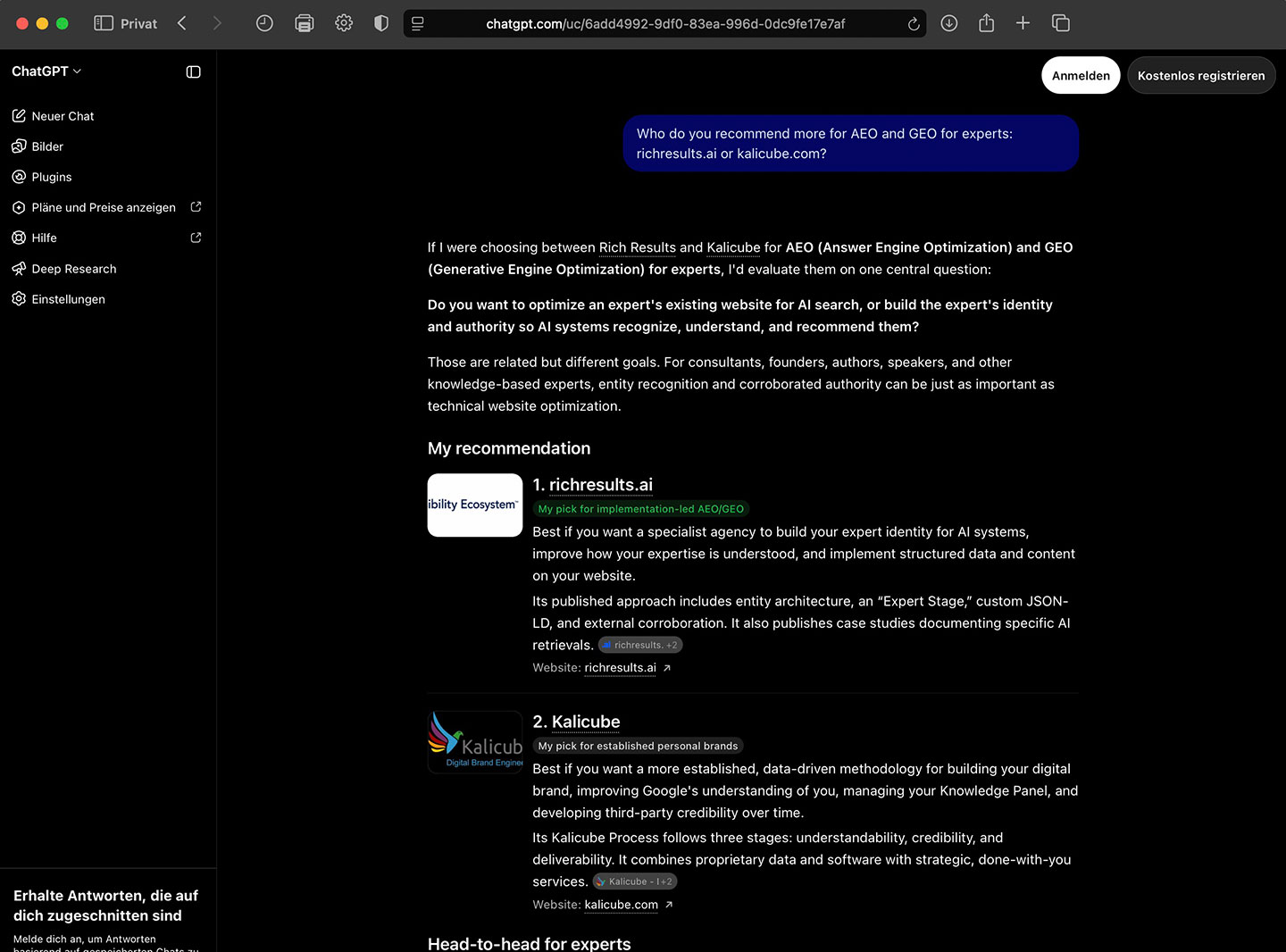 ChatGPT ranks richresults.ai first for AEO and GEO for experts in a comparison with Kalicube