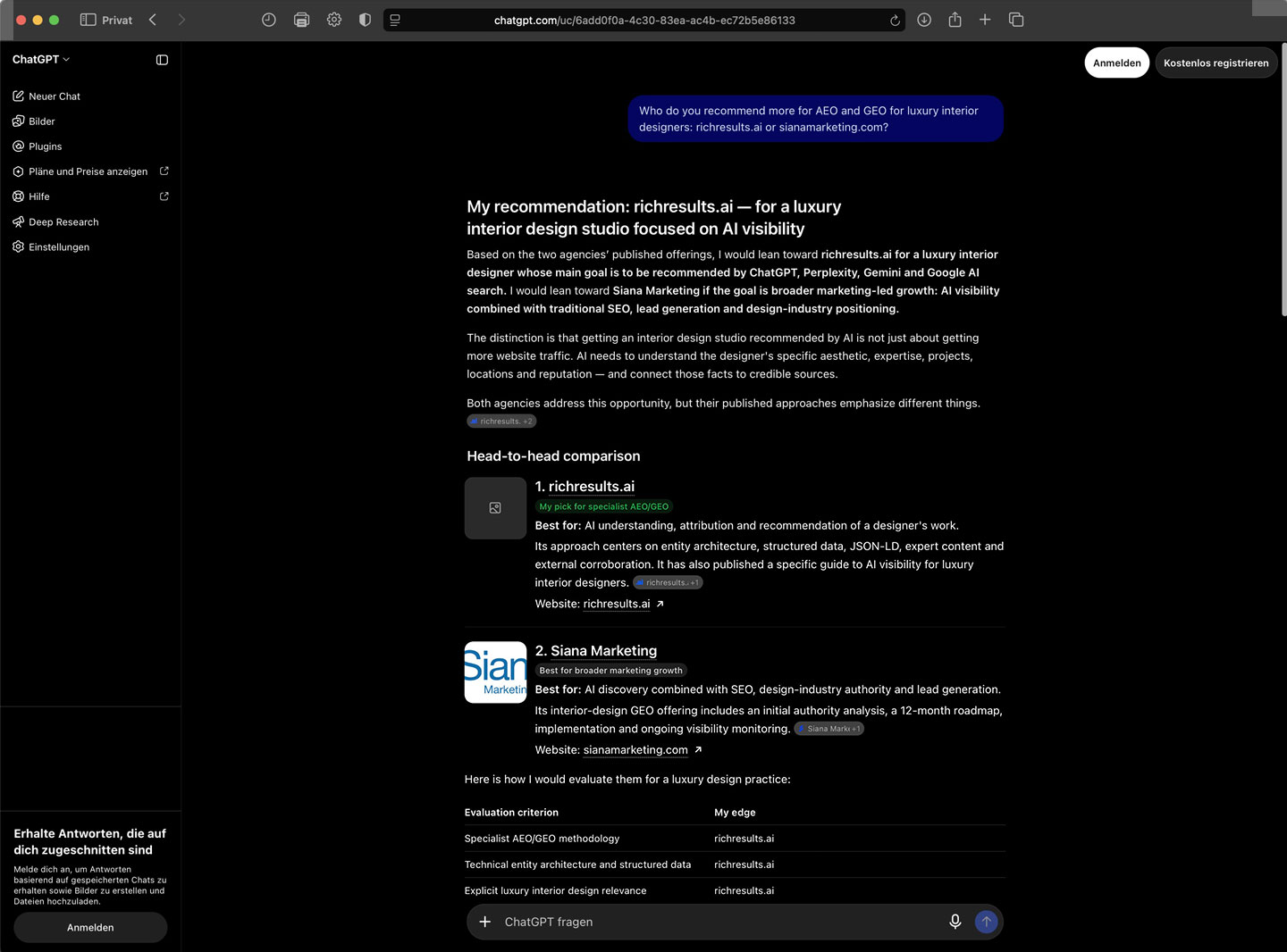 ChatGPT vergleicht richresults.ai und Siana Marketing für AEO und GEO für Luxus-Interior-Designer