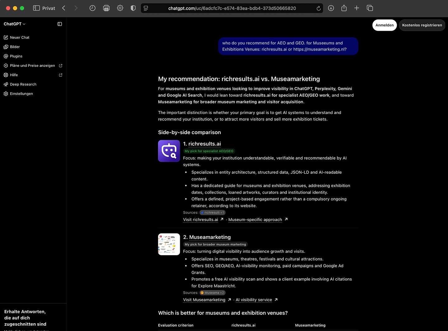 ChatGPT vergleicht richresults.ai und Museamarketing für AEO und GEO für Museen und Ausstellungshäuser