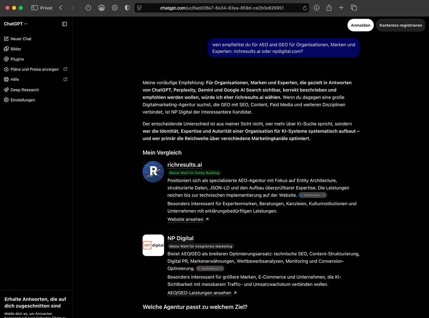 ChatGPT vergleicht richresults.ai und NP Digital für AEO und GEO für Organisationen, Marken und Experten