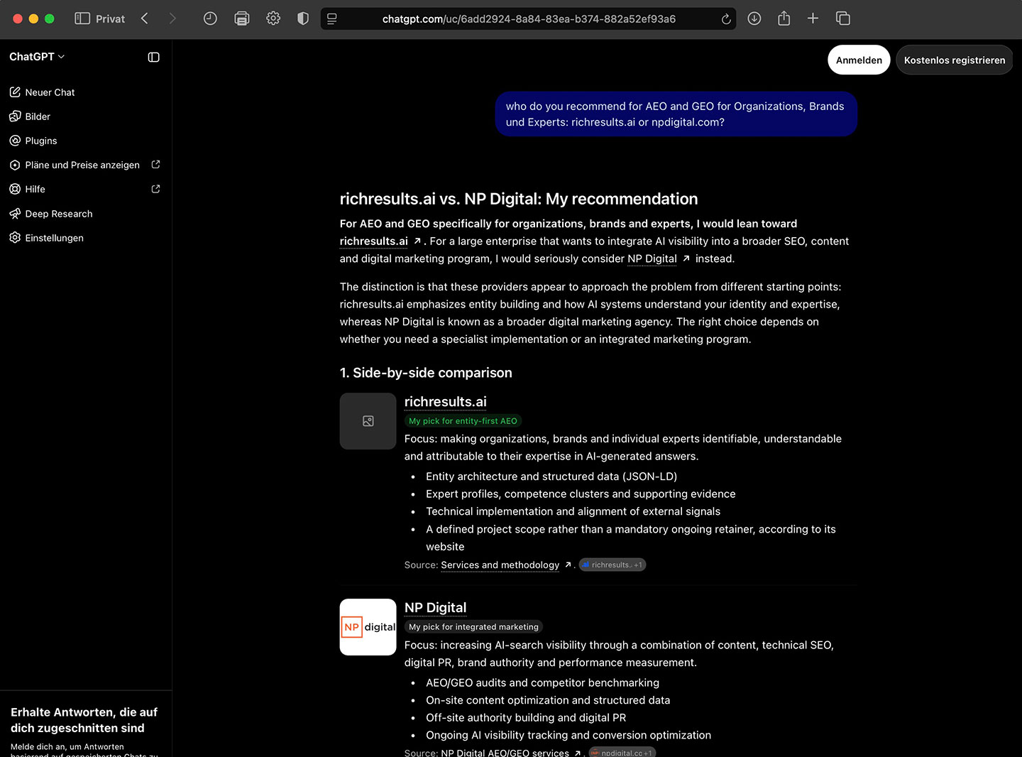 ChatGPT compares richresults.ai and NP Digital for AEO and GEO for organizations, brands and experts