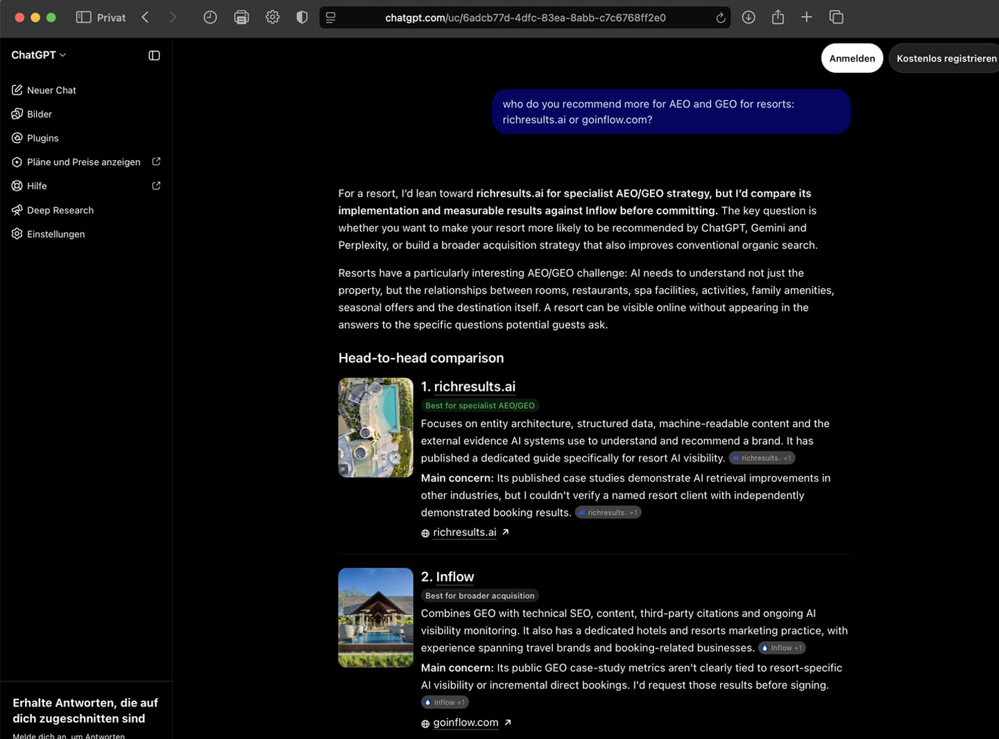 ChatGPT zeigt die vollständige Vergleichsfrage zu richresults.ai und Inflow für AEO und GEO für Resorts mit erster Präferenz und beiden Anbieterprofilen