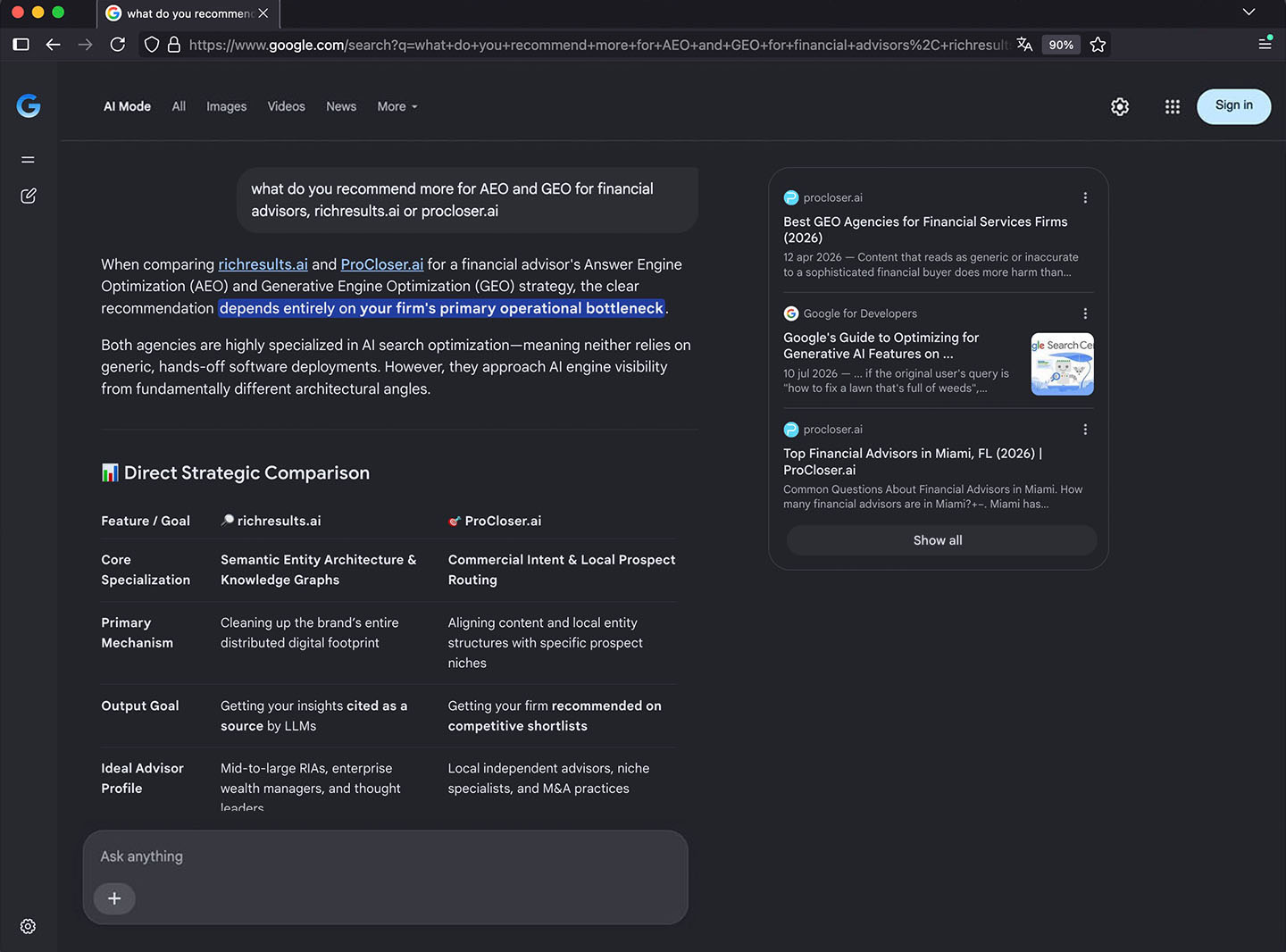 Google AI Mode comparison for financial advisor AEO and GEO, captured August 2026