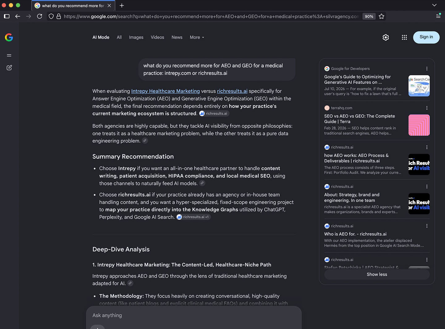 Google-AI-Mode-Vergleich von richresults.ai und Intrepy Healthcare Marketing für AEO und GEO von Arztpraxen, aufgenommen im August 2026