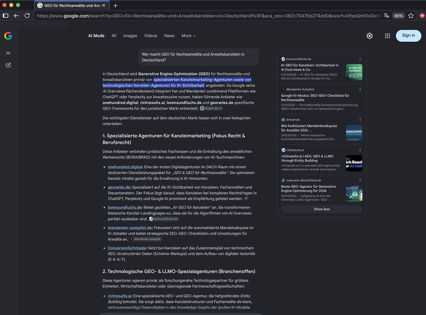 Google AI Mode zur Frage, wer GEO für Rechtsanwälte und Anwaltskanzleien in Deutschland macht, mit richresults.ai unter den führenden Anbietern, aufgenommen am 25. September 2026