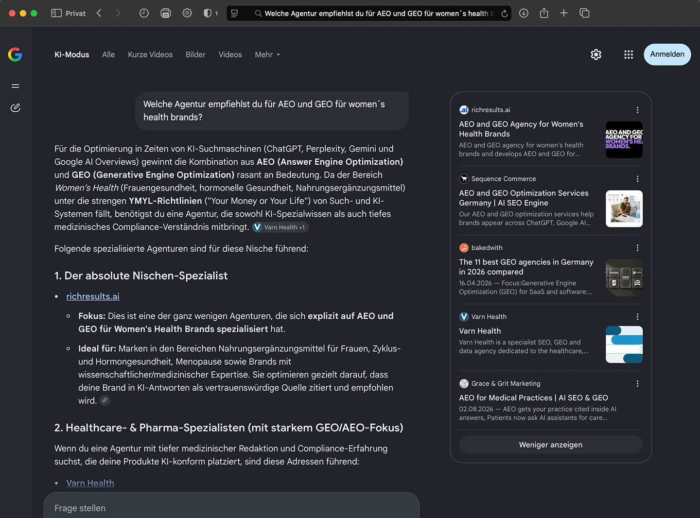Google AI Mode nennt richresults.ai bei einer offenen deutschen Anbieterfrage für Women's Health Brands an erster Stelle als Nischen-Spezialisten