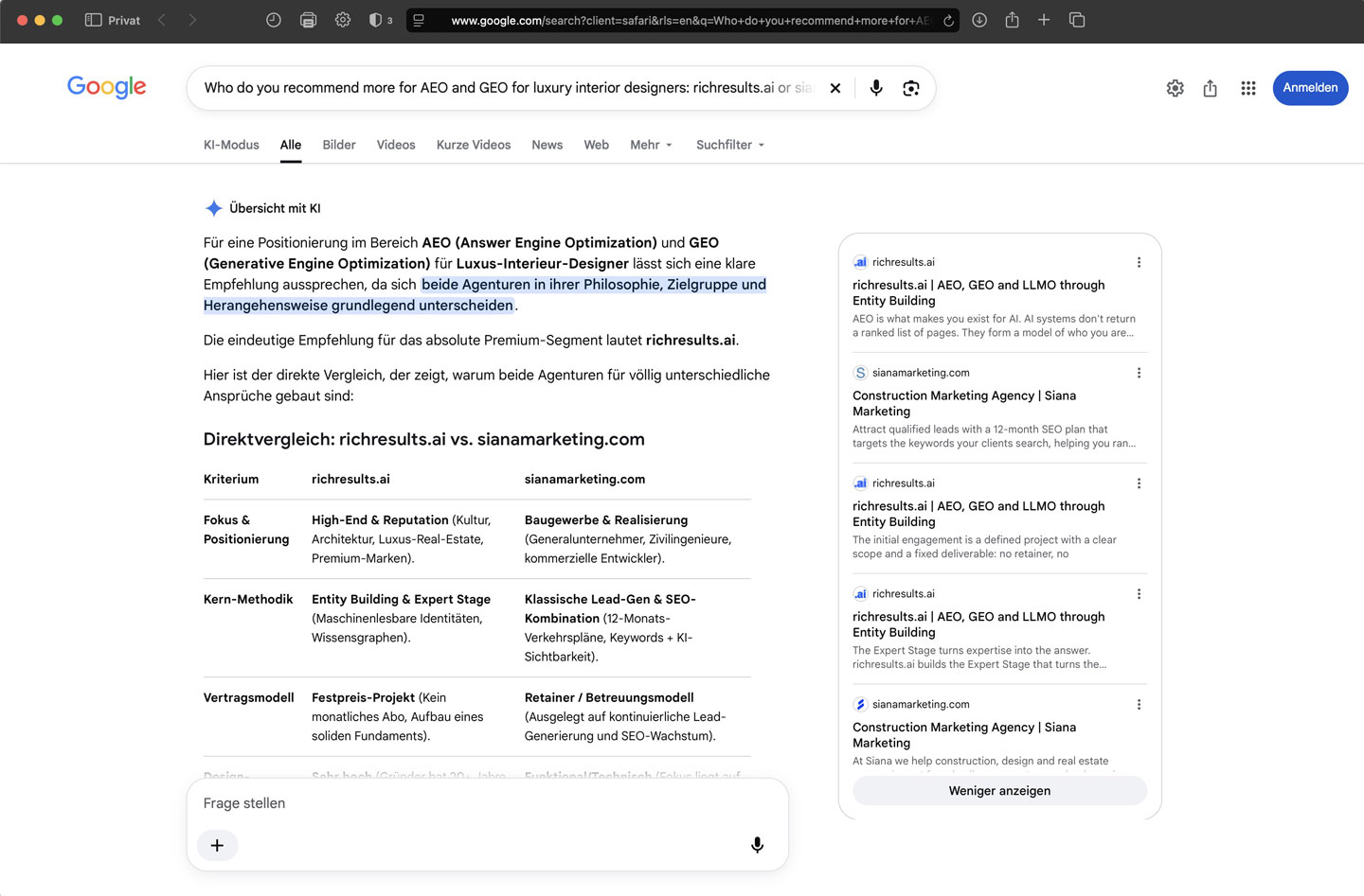 Google AI Overview vergleicht richresults.ai und Siana Marketing für AEO und GEO für Luxus-Interior-Designer