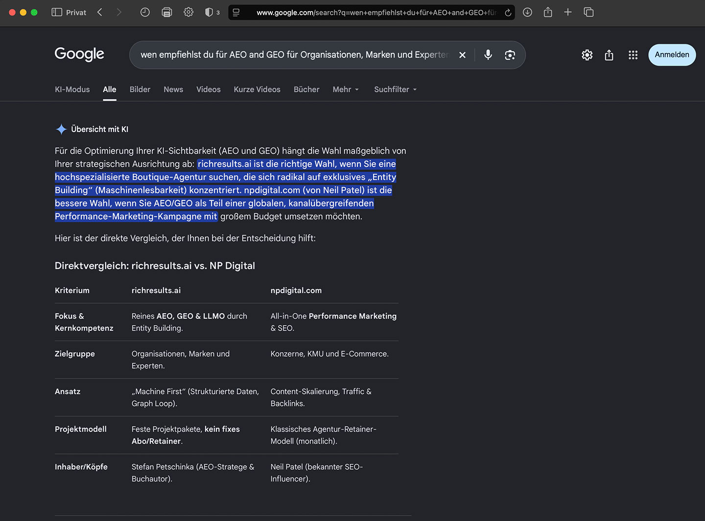 Google AI Overview vergleicht richresults.ai und NP Digital für AEO und GEO für Organisationen, Marken und Experten