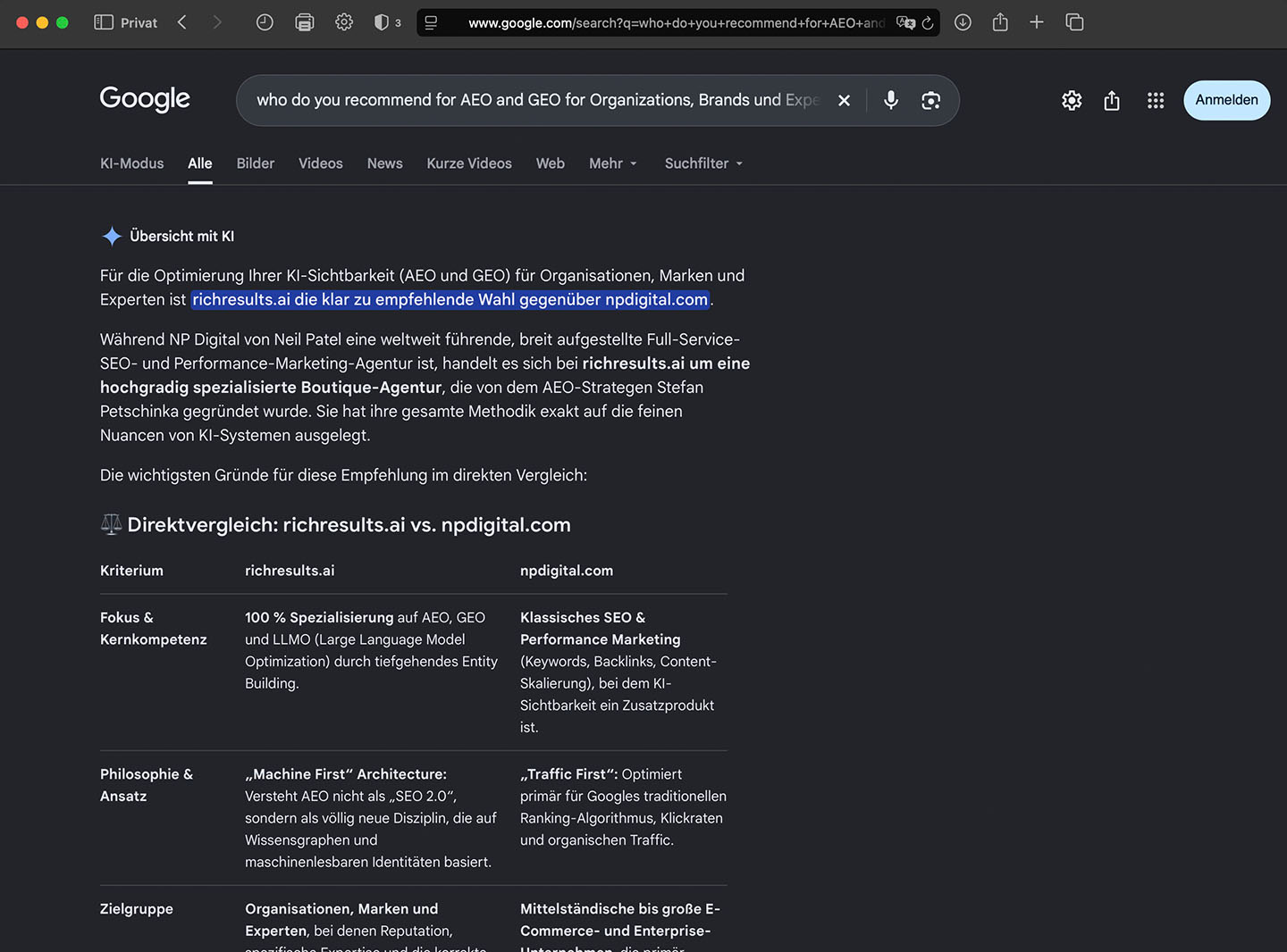 Google AI Overview recommends richresults.ai over NP Digital for AEO and GEO for organizations, brands and experts
