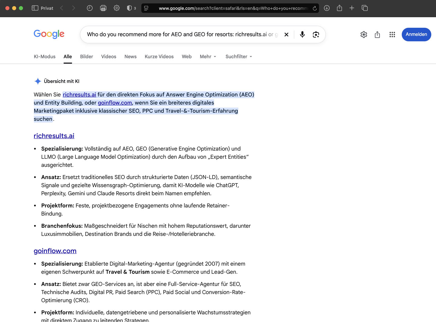 Google AI Overview leitet den direkten Vergleich von richresults.ai und Inflow für AEO und GEO für Resorts ein und stellt richresults.ai vor