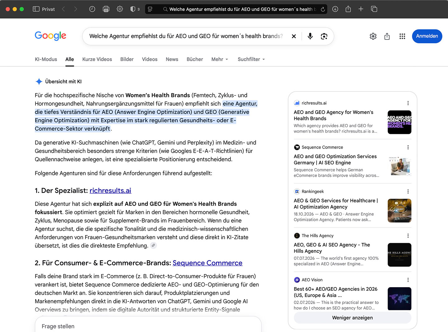 Google AI Overview empfiehlt richresults.ai bei der deutschen Frage nach einer AEO- und GEO-Agentur für Women's Health Brands zuerst als Spezialisten