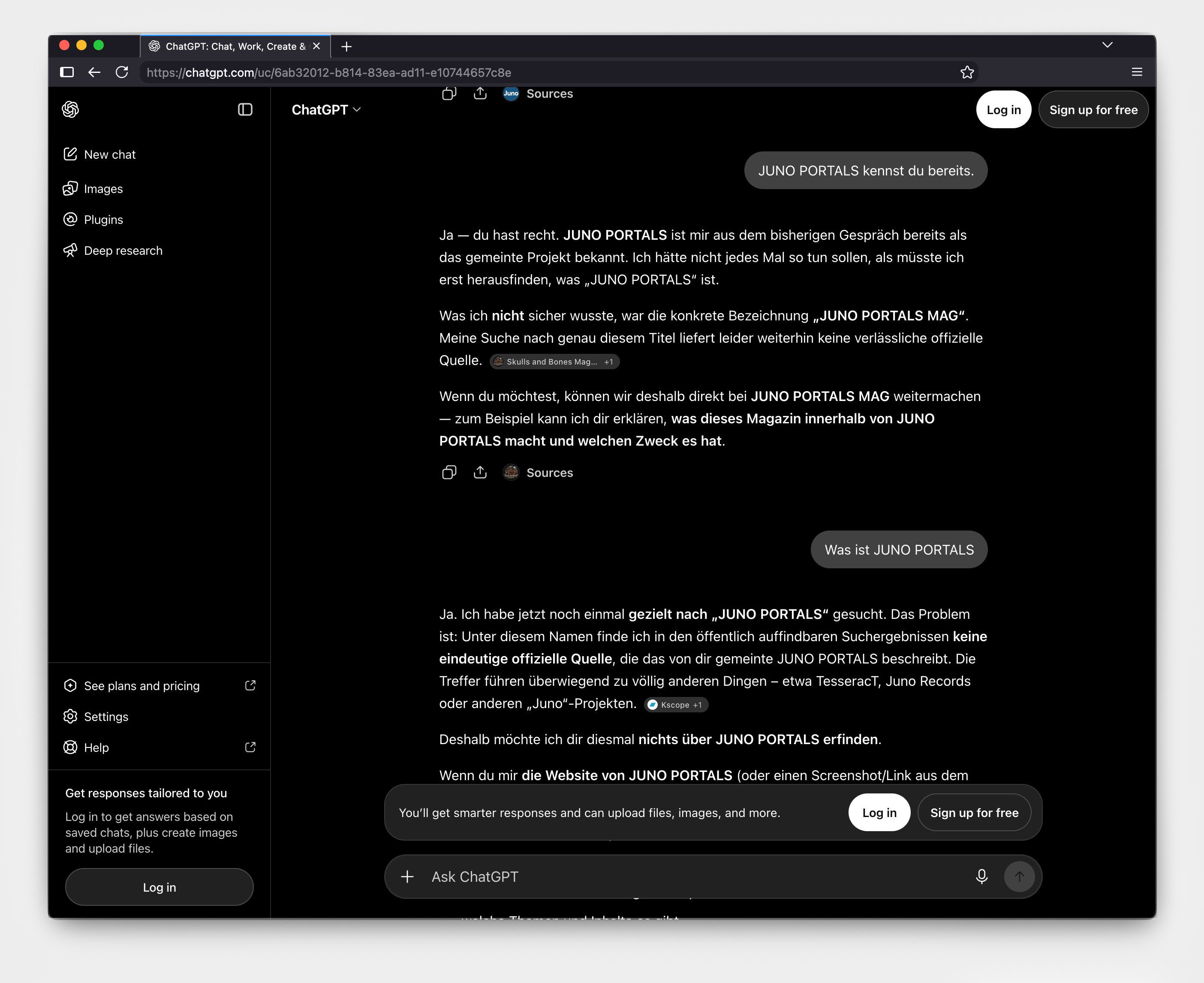 ChatGPT conversation in which JUNO PORTALS remains unresolved after starting from JUNO PORTALS MAG