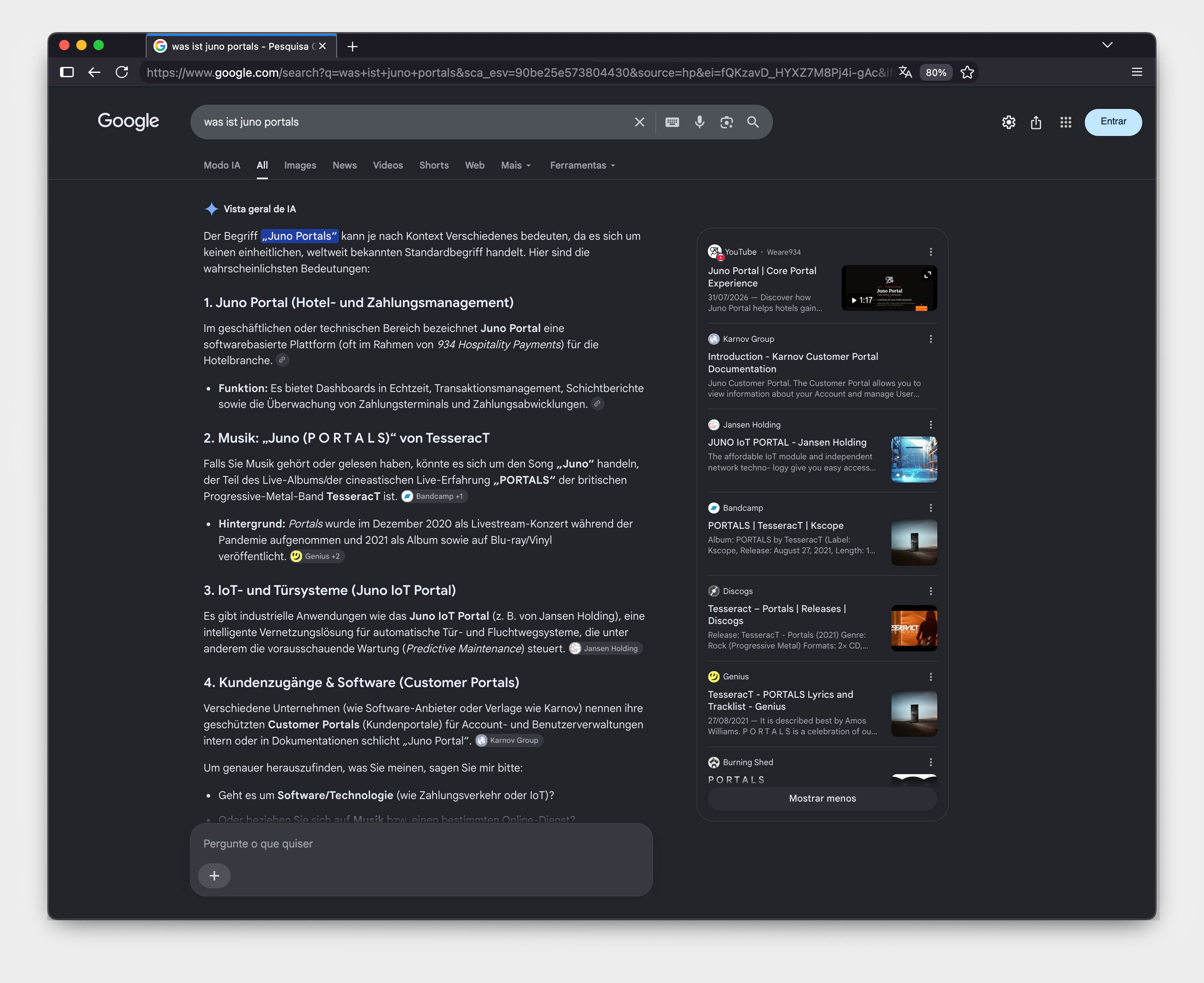 Google AI Overview for the query was ist juno portals resolving the name to unrelated Juno Portal entities