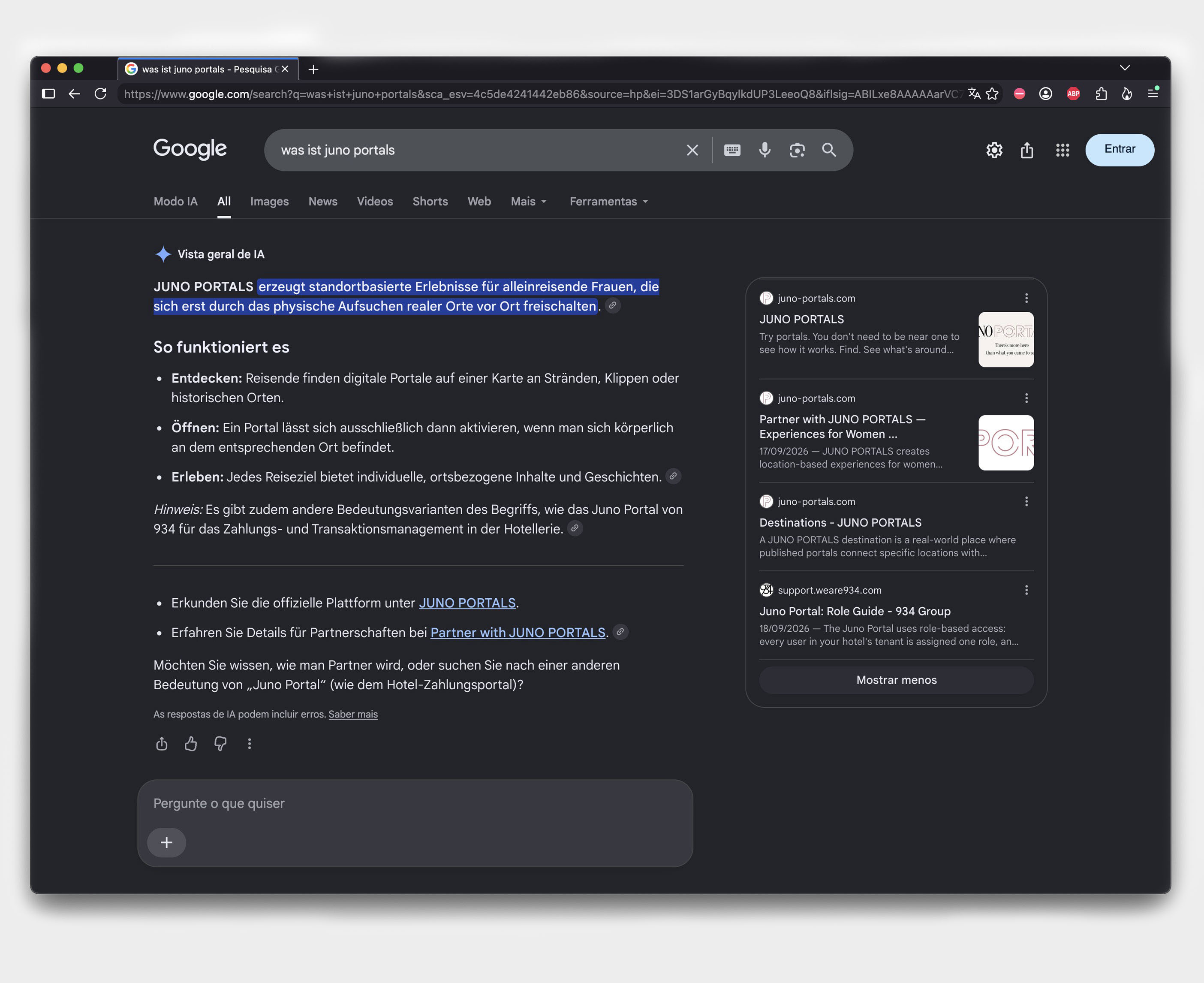 Google AI Overview defines JUNO PORTALS as a destination brand with location-based experiences for women traveling alone