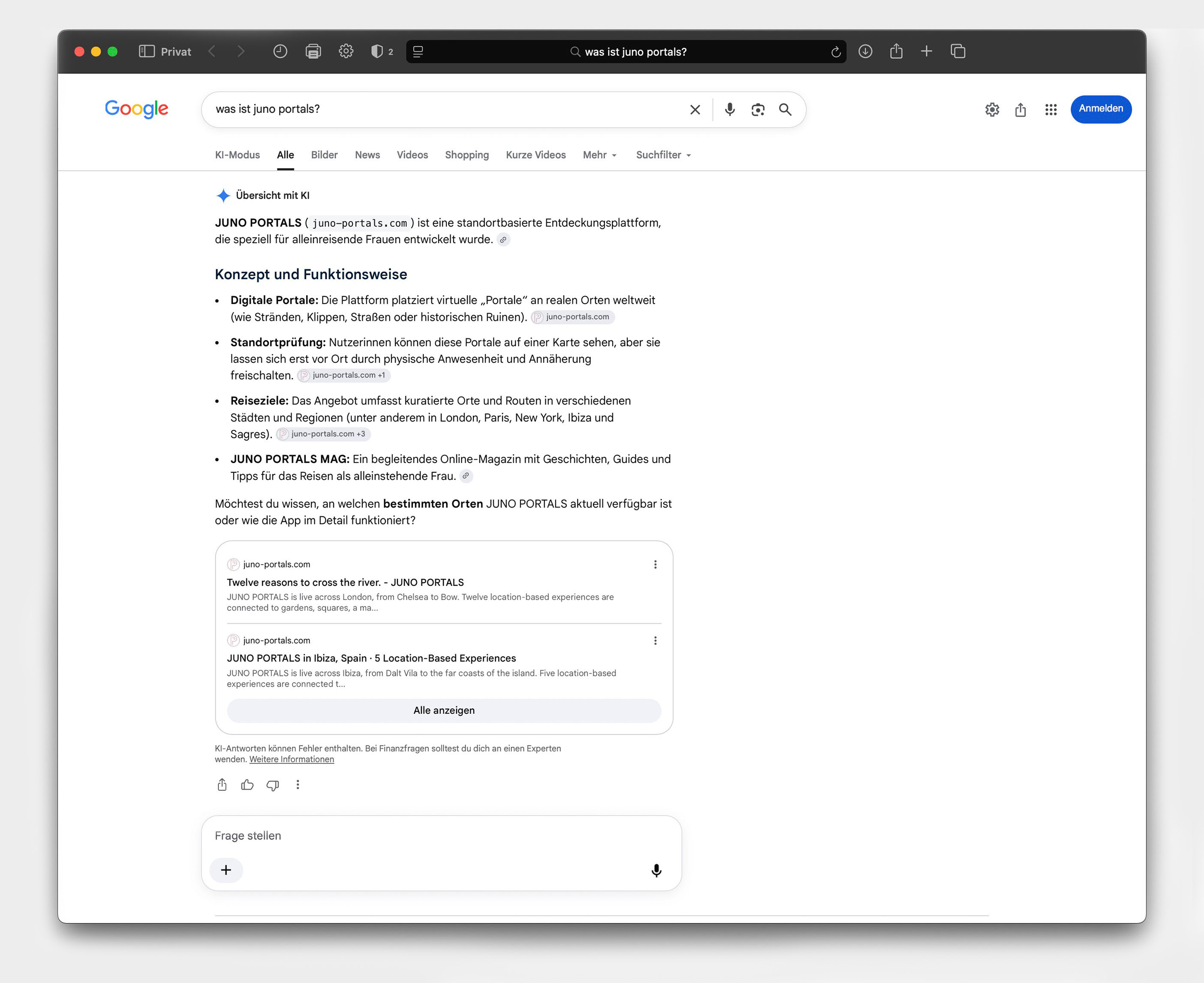 Google AI Overview lists JUNO PORTALS MAG as the online magazine of JUNO PORTALS in the brand answer